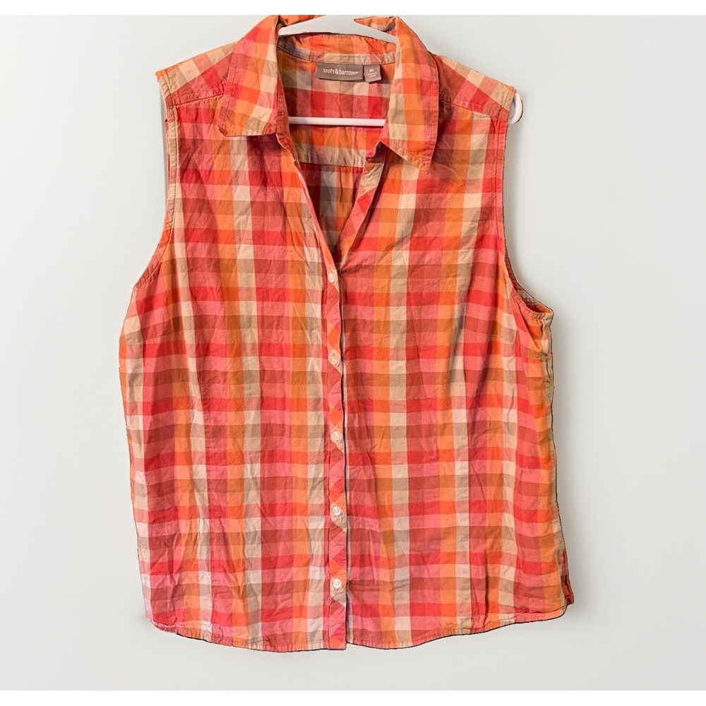 Women's Gingham Plaid Coastal Vacay 100% Cotton Sleeveless Button Down Shirt XL